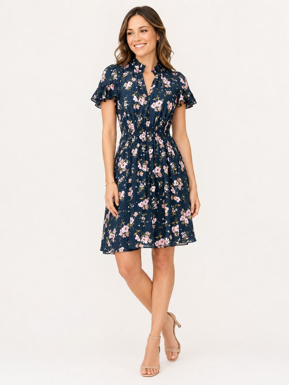 Rebecca Taylor Emilia 100% Silk Floral Dress Navy Pink Mock Neck Keyhole Size 6